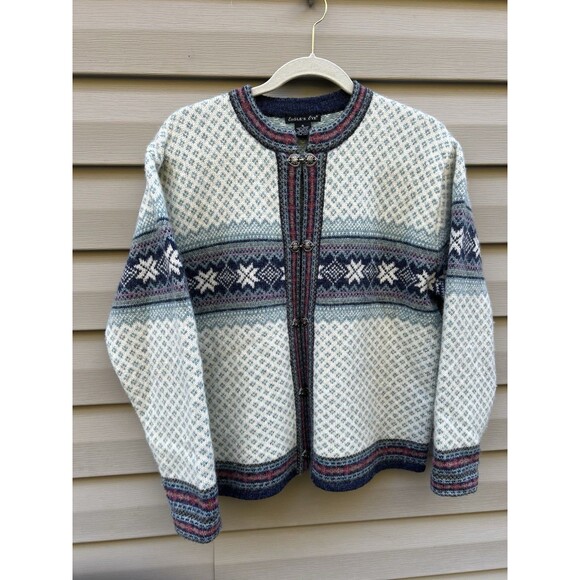 VTG Eagle's Eye Wool Fair Isle Nordic Snowflake Cardigan Sweater oversized S - Picture 3 of 9